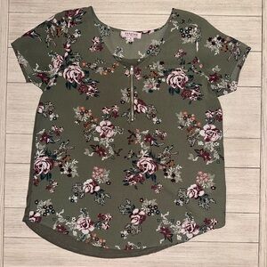 Tempted Floral Olive Green Top with zipper front